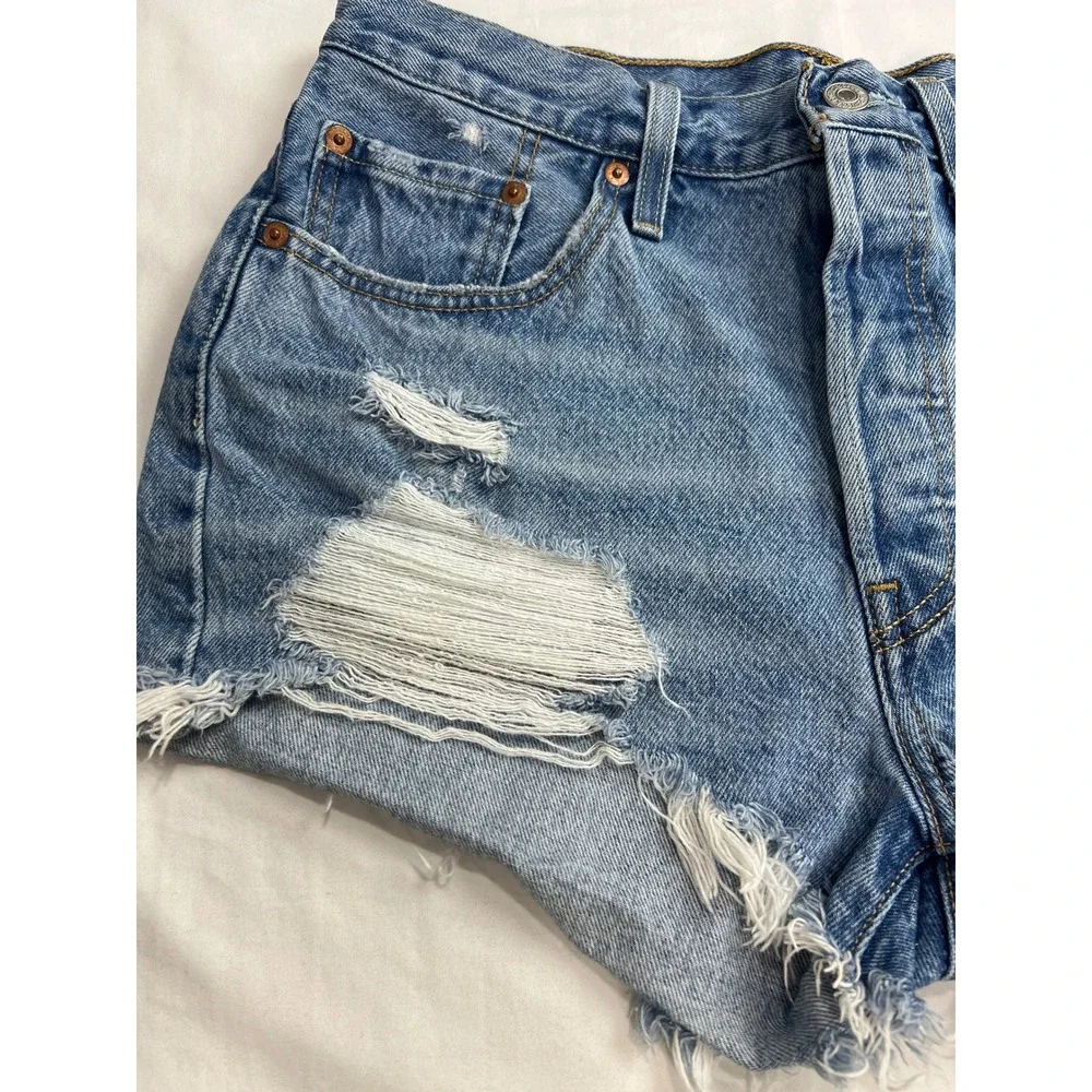 Levi's 501 Original‎ Cut Off Shorts Women 29 Blue Distressed Denim High Rise F1